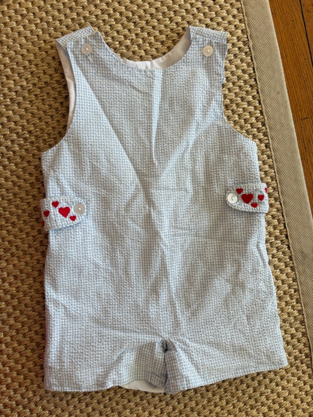 Little English Baby Blue Seersucker Jon Jon with Red Heart Accents